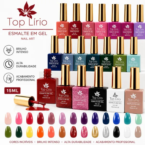 Esmalte em Gel Top Lírio 15ML para Nail Designer Finalização Brilho Intenso Secagem UV LED Alta Durabilidade Unhas em Gel Profissional